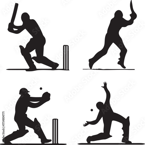 Cricket Players Silhouettes in Action sport game