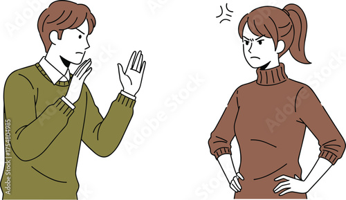 Cartoon characters in heated argument, angry expression, emotional conflict, frustration, confrontation, gesture illustration, vector art, communication, disagreement, tension