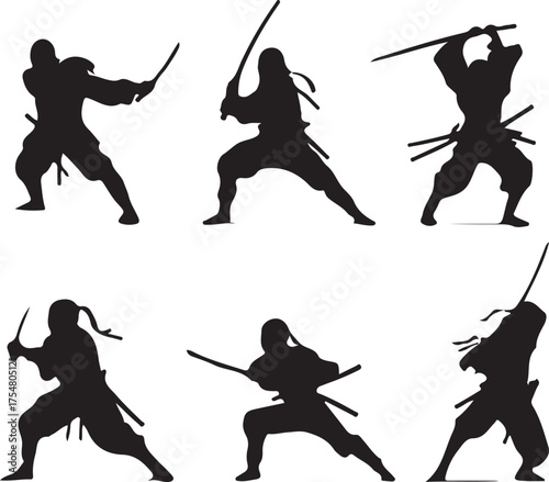 Ninjas Silhouettes in Combat Poses with Swords warrior