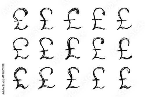 Set of hand drawn british pound currency symbol. Brush stroke doodle. Single element for design