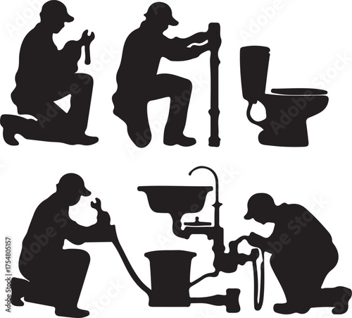 Plumber Silhouettes Repairing Fixtures and Pipes kneeling