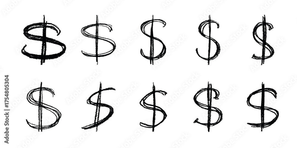 Obraz premium Set of hand drawn dollar currency symbol. Brush stroke doodle. Single element for design