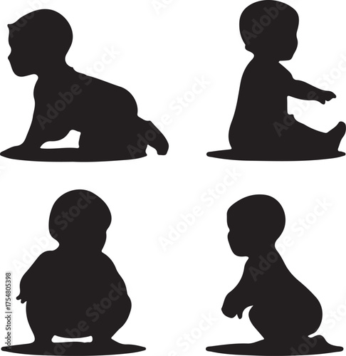 Silhouettes of babies in different poses Keywords: baby, silhouette, infant, child, crawling