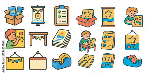Early childhood education icon set – flat, colorful learning and teaching symbols