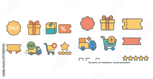 E-commerce and shopping icons set – flat, discount, product promotion designs