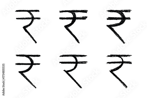 Set of hand drawn rupee currency symbol. Brush stroke doodle. Single element for design