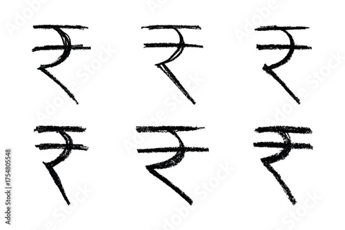 Set of hand drawn rupee currency symbol. Brush stroke doodle. Single element for design