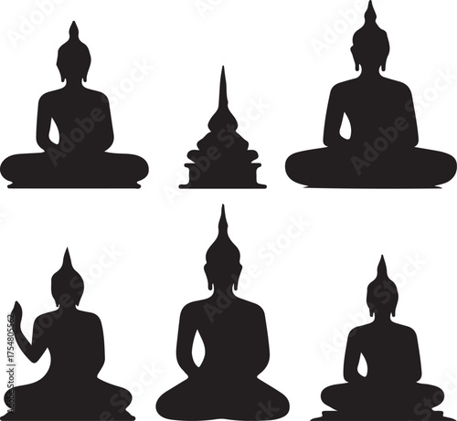 Six Black Silhouettes of Buddha Statues and Stupa religious