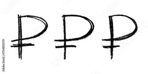 Set of hand drawn russian ruble currency symbol. Brush stroke doodle. Single element for design