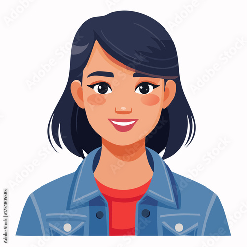 Cheerful illustration of a young woman with dark hair wearing a denim jacket and a red shirt, smiling warmly at the viewer