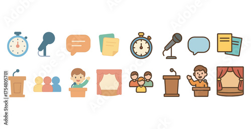 Public speaking flat icons set – lecture, presentation, communication symbols
