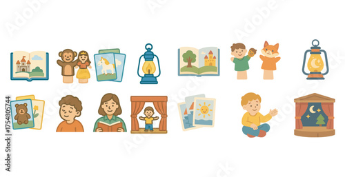 Children's storybook flat icons set – playful, colorful, reading and imagination symbols