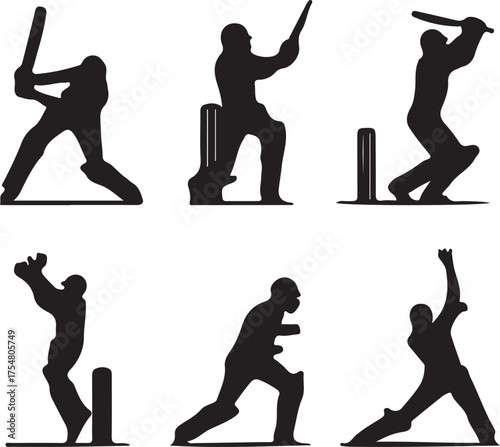 Six Cricket Player Silhouettes in Action Poses cricket bat