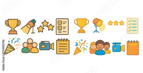 Event and celebration flat icons set – party, award, festive symbols collection