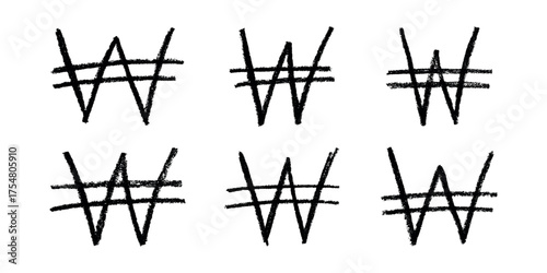 Set of hand drawn won currency symbol. Brush stroke doodle. Single element for design
