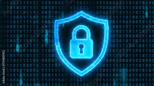 Digital security concept with a glowing blue padlock inside a shield against a background of binary code, representing data protection and cybersecurity