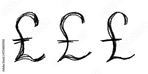 Set of hand drawn british pound currency symbol. Brush stroke doodle. Single element for design