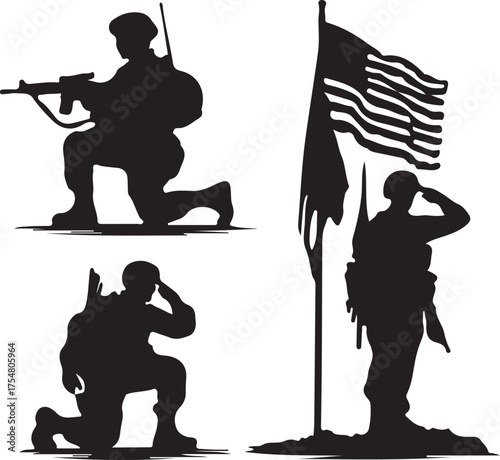 Soldier Silhouettes with American Flag and Rifle military