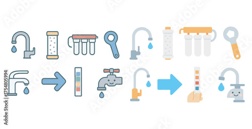Water filtration line icons set – outline, purification, water treatment symbols