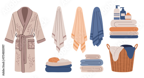 A collection of soft bathrobes towels and laundry baskets for home comfort.