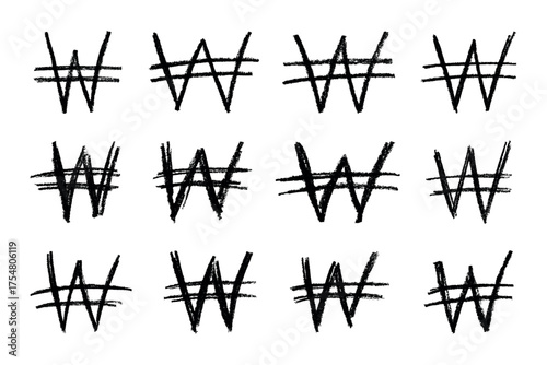 Set of hand drawn won currency symbol. Brush stroke doodle. Single element for design