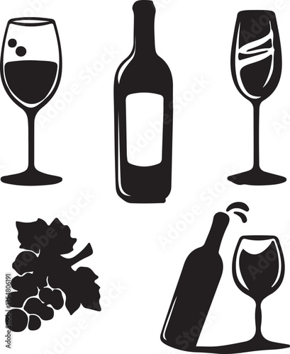 Wine Bottle and Glasses Silhouettes with Grapes wine bottle silhouette