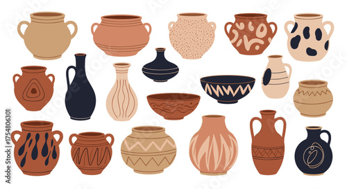 A collection of diverse decorative ceramic pottery vessels and vases in various shapes and artistic patterns.