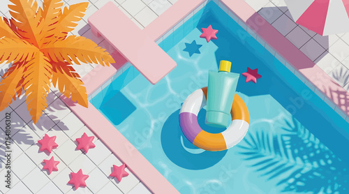 Vector art of a swimming pool with a palm tree, a life buoy, and a sunscreen bottle