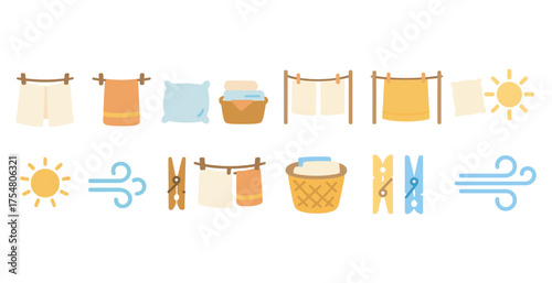 Laundry day flat icons set – cleaning, chores, household symbols