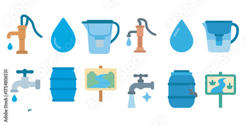 Water and plumbing flat icons set – filled, solid, utility and supply symbols
