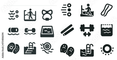 Swimming pool solid icons set – filled, aquatic, recreation symbols for design
