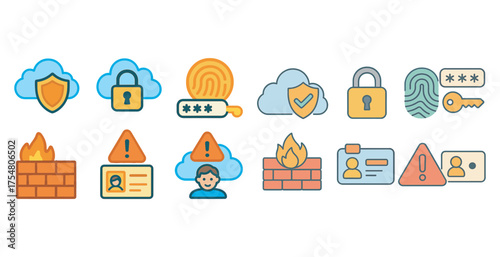Cybersecurity and data protection icons set – flat, filled, safety and encryption symbols