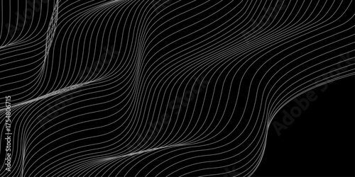 Line Wave Black And White Gravity. Abstract 3d illustration of water surface. Grid background black.
Futuristic vector sci-fi circle portal in space. 3D black ai tunnel with dots and lines. 