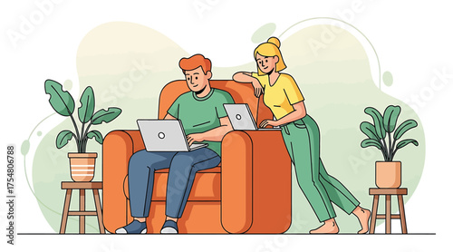 Vector art of a cozy couple works from home, the man is sitting on an orange armchair while the woman is leaning on it, both are using laptops