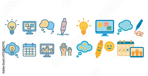 Creative collaboration line icons set – brainstorming, teamwork, idea exchange symbols