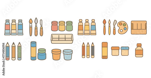 Art tools flat icons set – creative supplies, digital design, drawing essentials
