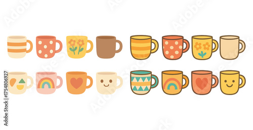 Coffee and tea cups icons set – flat, filled, kitchen and tableware symbols