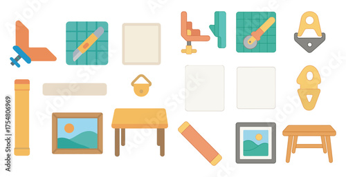 Office and desktop flat icons set – graphic, workspace, business visuals