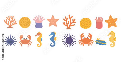 Sea life flat icons set – ocean creatures, marine wildlife, aquatic symbols