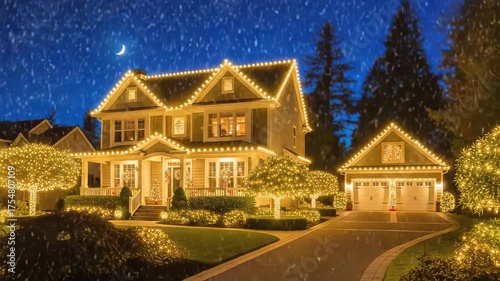 A beautiful house is decorated with christmas lights and a crescent moon shines in the night sky above it