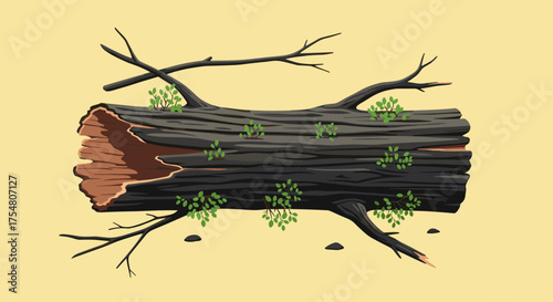 A fallen burnt log with small green sprouts growing on its surface and scattered twigs around it.