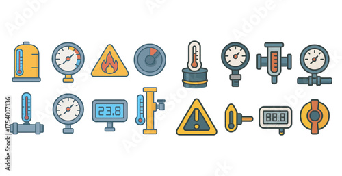Industrial measurement flat icons set – tools, equipment, precision symbols
