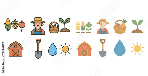 Agriculture and farming icons set – flat, outline, harvest and cultivation symbols