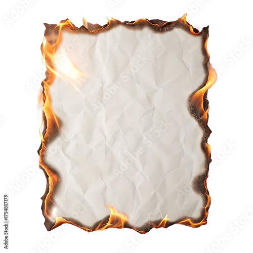 A piece of white paper with burnt edges and flames isolated on a black background in a studio shot