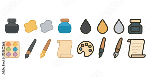 Drawing and art equipment icons set – filled, solid, creative tools collection