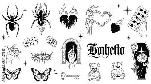 Vector art of a collection of edgy and gothicinspired tattoo designs featuring spiders, broken hearts, skeletons, and other dark motifs, perfect for alternative art