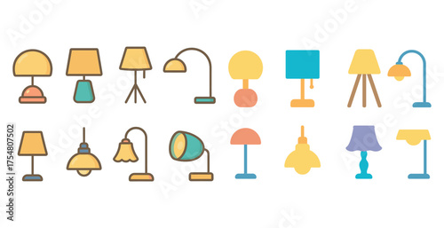 Home lighting and lamp icons set - flat, stylish decor and interior design symbols