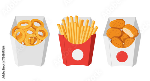 Delicious fast food side dishes with onion rings french fries and chicken nuggets.