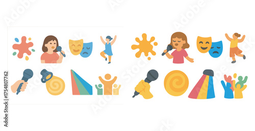 Performing arts flat icons set – theater, dance, creative expression symbols