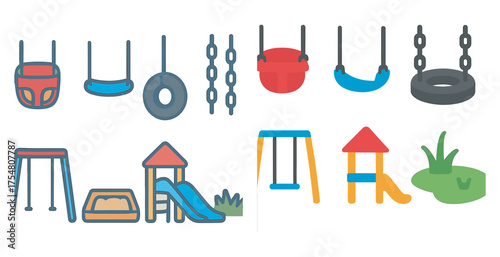 Playground equipment icons set – flat, outline, park and recreation symbols